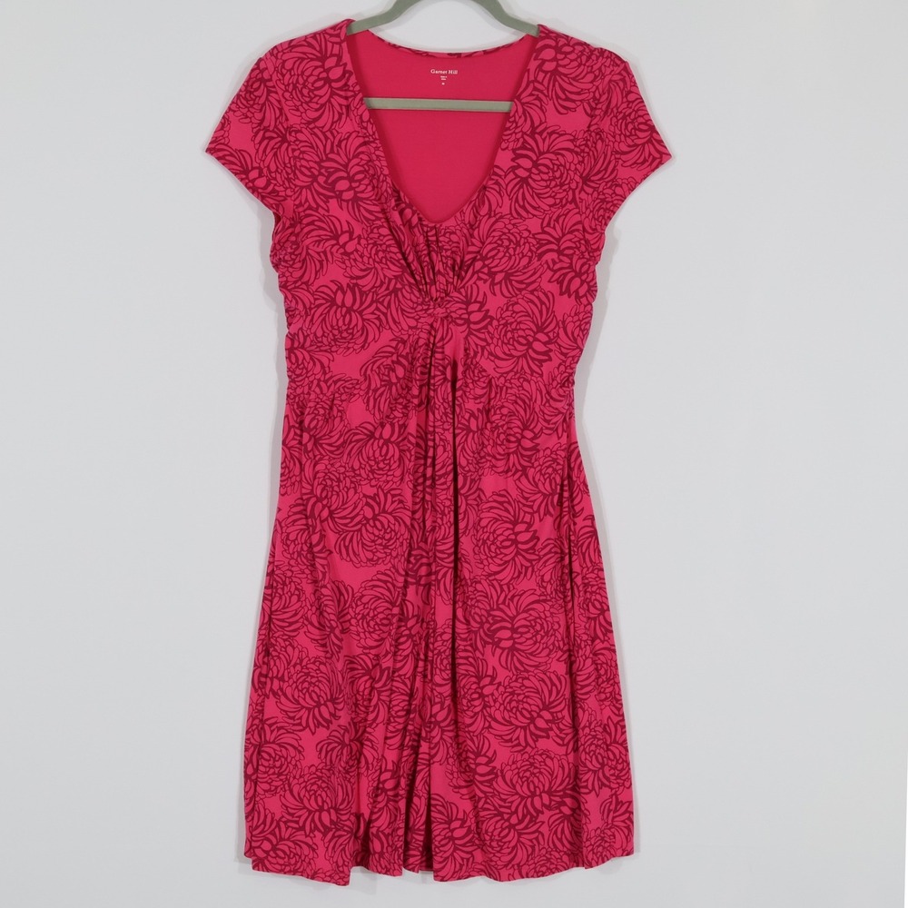Garnet Hill Floral V-Neck Dress Womens 8 Pink Short Sleeve Jersey Casual Boho